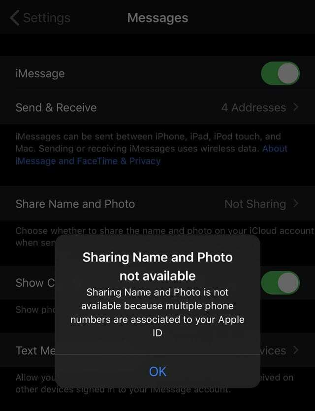 nime ja foto jagamine pole saadaval iPhone'i sõnumirakenduse seadetes iOS 13 ja iPadOS