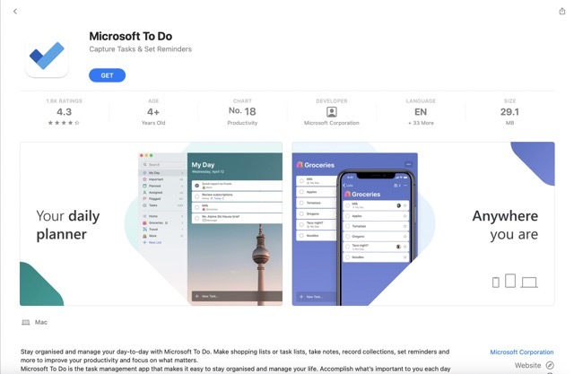 Екранна снимка, показваща Microsoft To Do в App Store