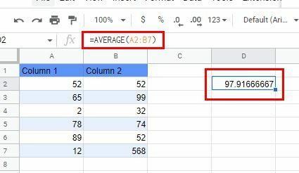 Ortalama işlev Google E-Tablolar