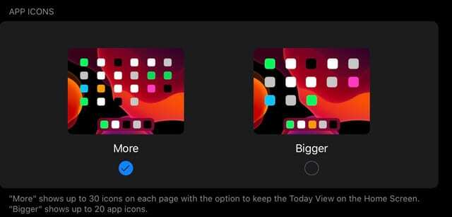 opties voor app-pictogramgrootte in iPadOS 13