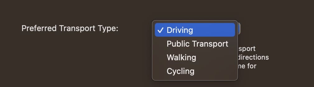 Snímek obrazovky preferovaného typu dopravy Mapy pro Mac