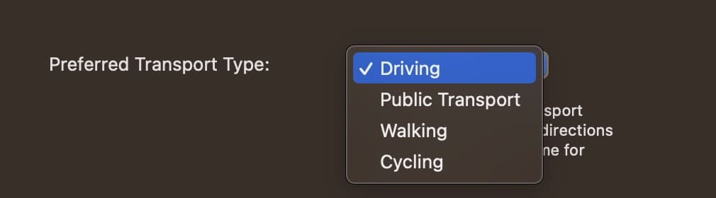 Snímka obrazovky preferovaného typu dopravy pre Mac
