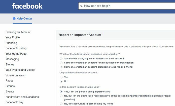 Facebook 보고서 가짜 계정
