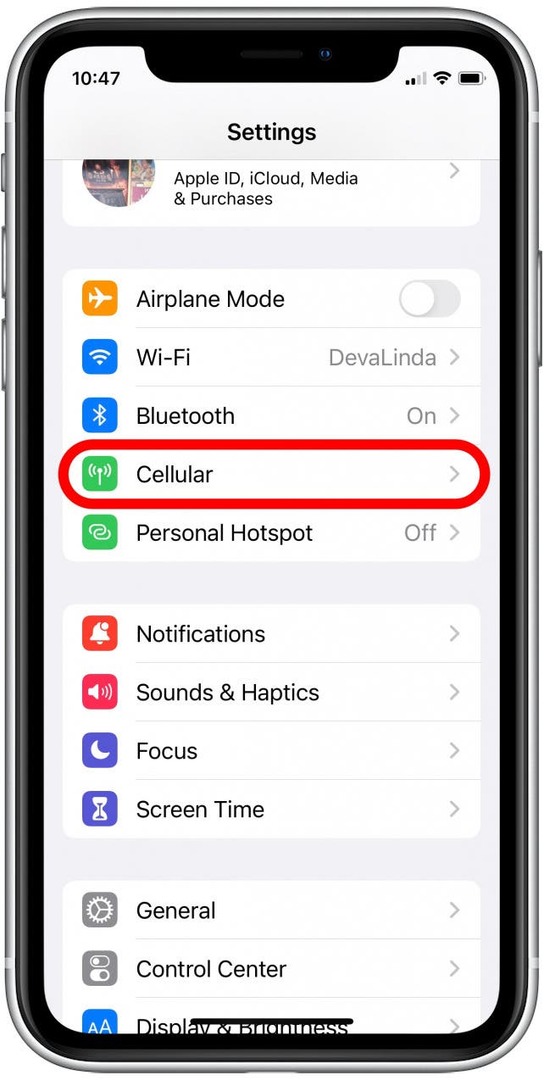 في الإعدادات ، انقر فوق الخلوي.