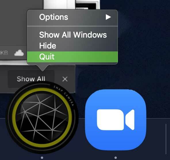 esci dall'app Snap Camera su Mac