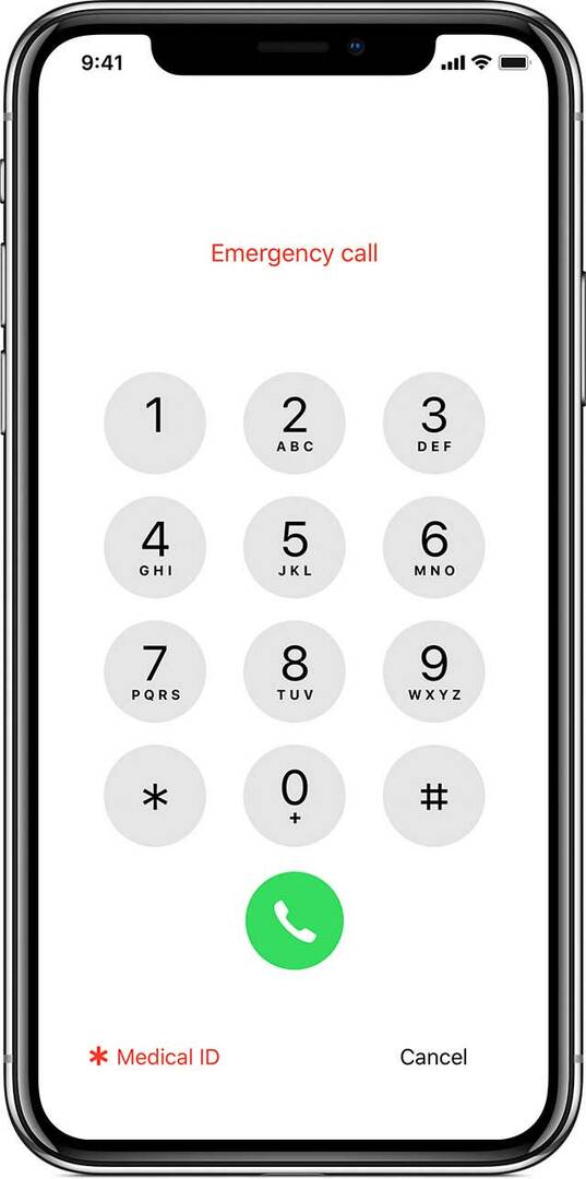 „iPhone“ užrakto ekranas, skirtas skubios pagalbos ir medicininio asmens tapatybės nustatymui