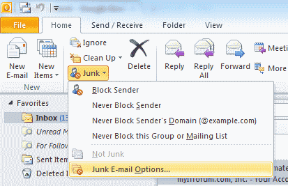Outlook 2010 정크 메일 옵션