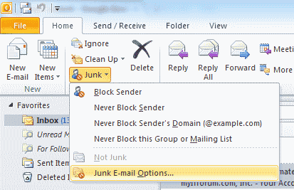 Opsi email sampah Outlook 2010