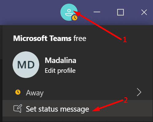 setați mesajul de stare echipele Microsoft