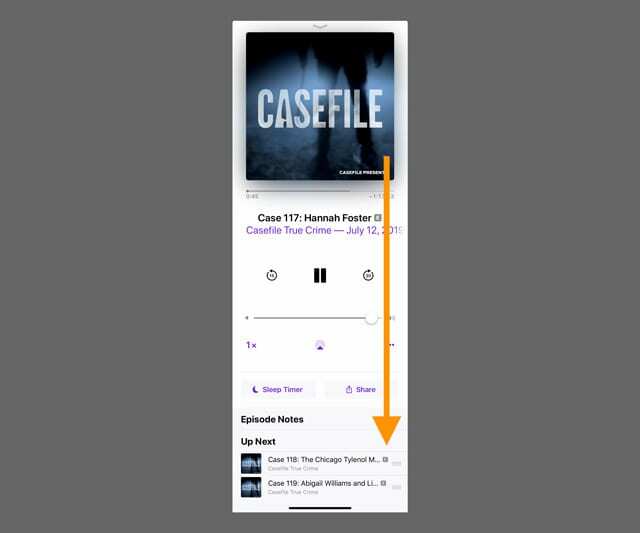 mostra la coda successiva nell'app Podcast iPhone