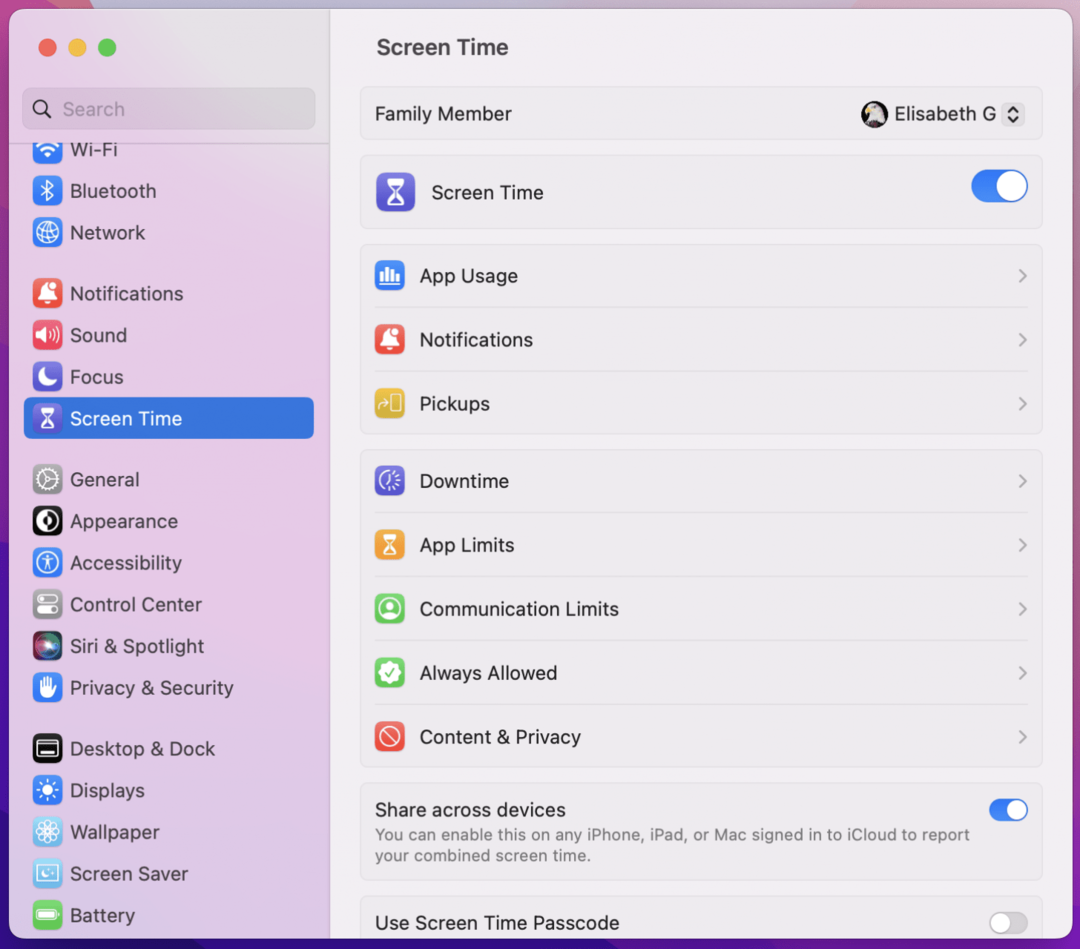 انقر فوق Screen Time على macbook أو mac