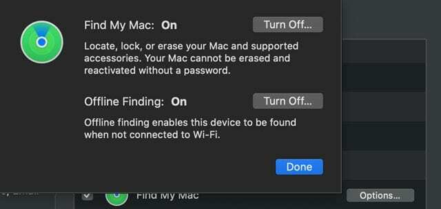 a Find My Mac opciói macOS rendszeren