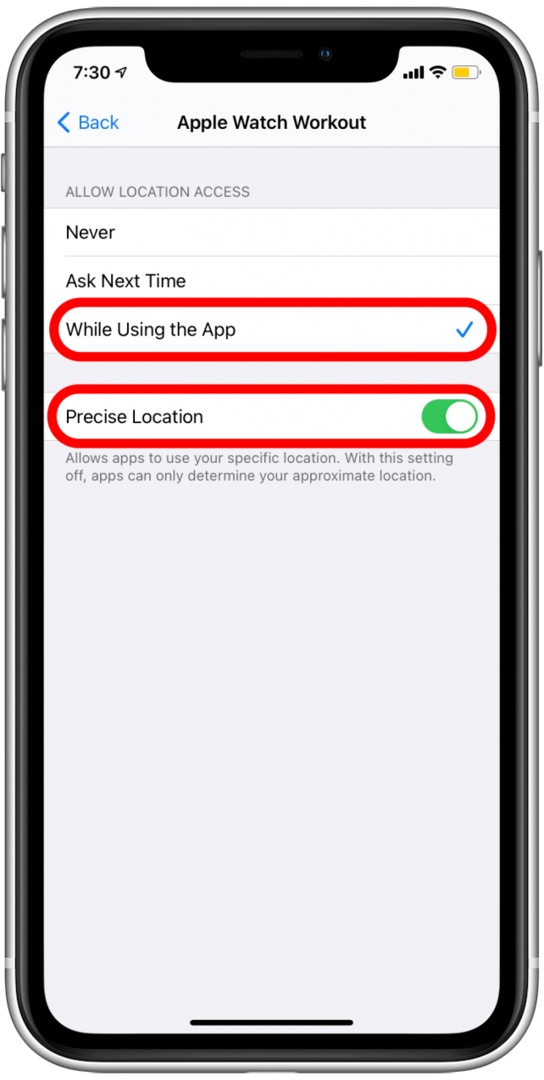 Asegúrese de seleccionar Mientras usa la aplicación y asegúrese de que la ubicación precisa esté activada