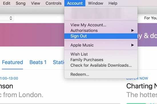 आईट्यून्स मेनू बार से साइन आउट विकल्प का स्क्रीनशॉट