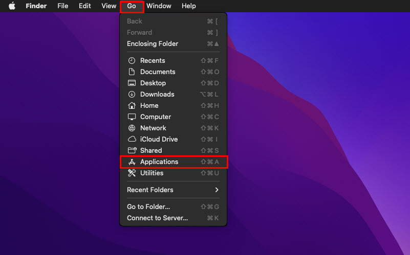 Μεταβείτε στον φάκελο εφαρμογών του Mac από την επάνω γραμμή μενού