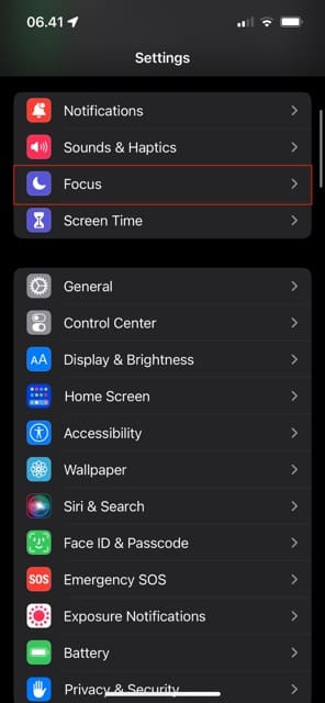 Snímka obrazovky znázorňujúca, ako nájsť Focus v systéme iOS