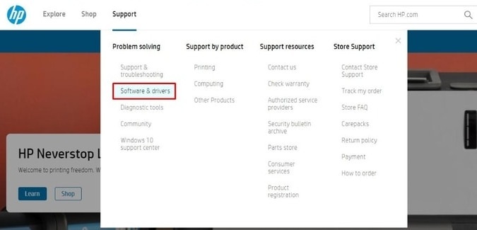 HP Support – Klicken Sie auf Software und Treiber