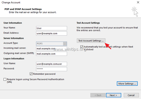 Prova le impostazioni dell'account Outlook