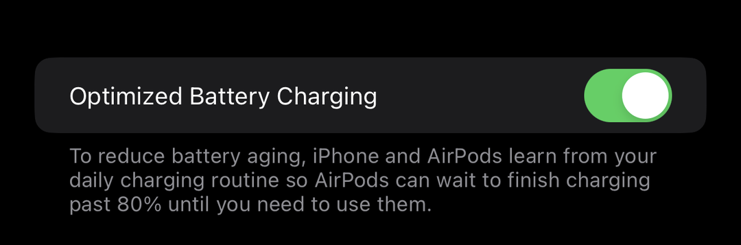 ऑप्टिमाइज्ड बैटरी चार्जिंग को टॉगल करें - एयरपॉड्स प्रो बैटरी ड्रेन को ठीक करें