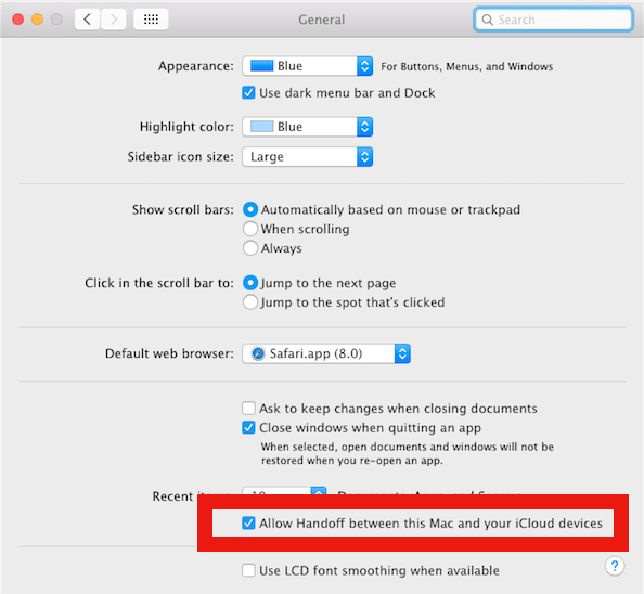 Permitir Handoff entre Mac y sus dispositivos iCloud