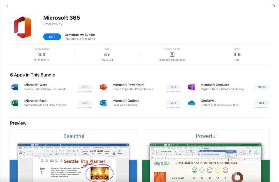 Snímek obrazovky App Store zobrazující dostupné aplikace Microsoft 365