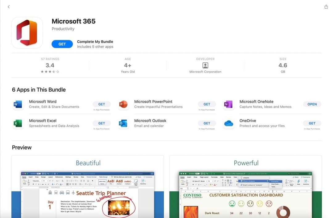 Screenshot van de App Store met de beschikbare Microsoft 365-apps