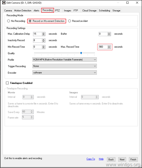 Konfigurer Reconding Settings iSpy