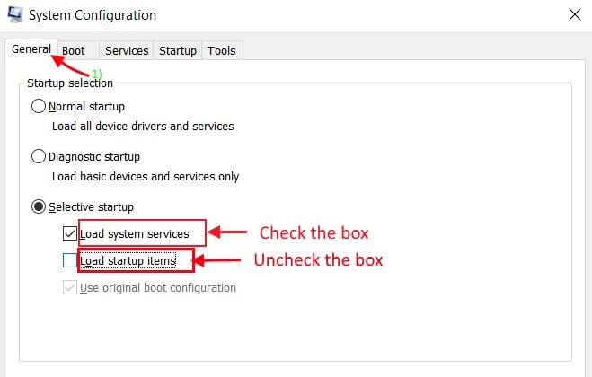 Sélectionnez Charger les services système dans l'onglet Général de la configuration du système