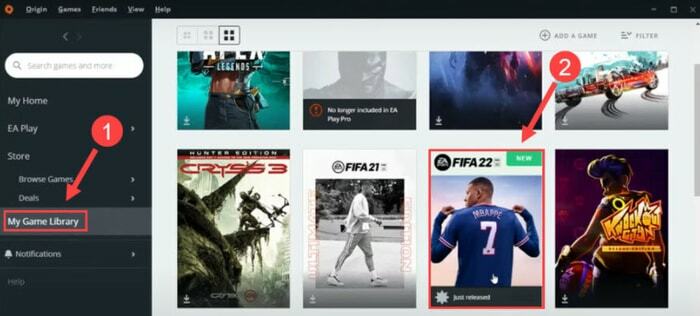 Wählen Sie My Game Library und Select FIFA 22 Tile 