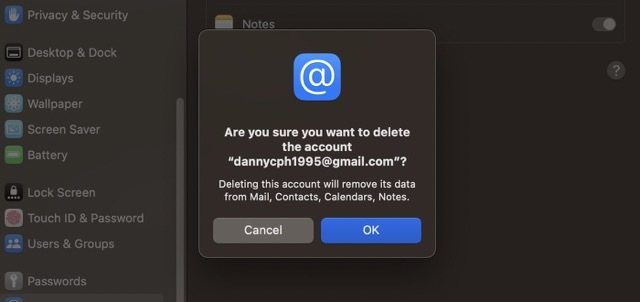 Екранна снимка, показваща как да потвърдите изтриването на акаунт в интернет акаунти на Mac