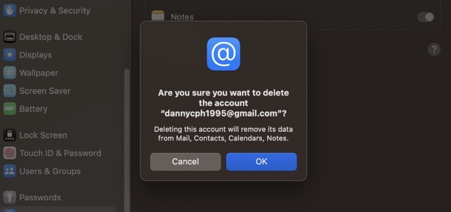 Cuplikan layar memperlihatkan cara mengonfirmasi penghapusan akun di Akun Internet Mac
