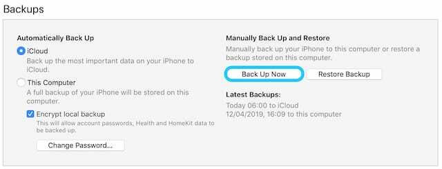 Faceți backup acum în secțiunea Backups din iTunes.
