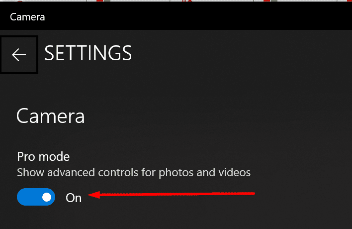 abilita la modalità pro dell'app fotocamera Windows 10