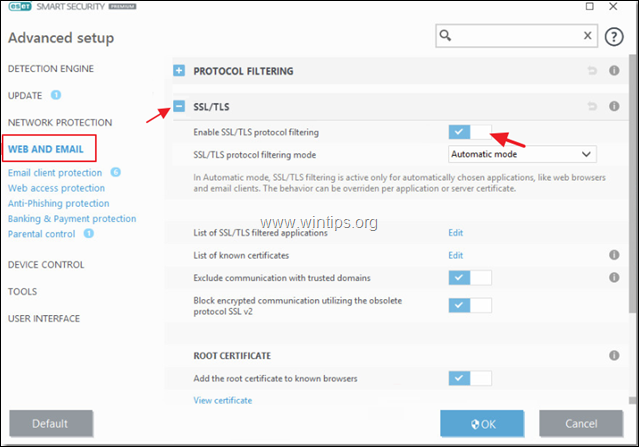 Désactiver l'analyse SSL ESET