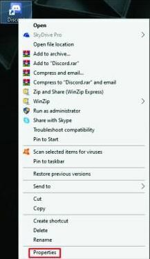 Kattintson a jobb gombbal a Discord elemre, és válassza a Tulajdonságok lehetőséget