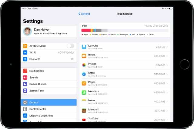 iPad mini mostra lo spazio di archiviazione dell'iPad in Impostazioni con Altro spazio di archiviazione
