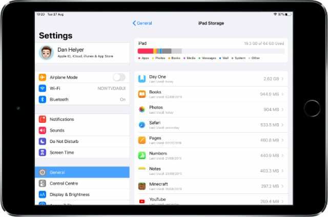 iPad mini que muestra el almacenamiento del iPad en la configuración con otro almacenamiento