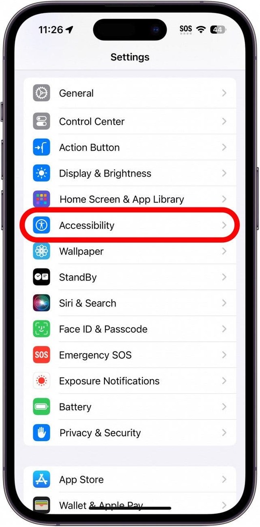 접근성이 빨간색 원으로 표시된 iPhone 설정 화면