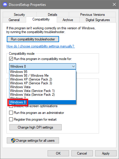 Выберите параметры Windows - Discord