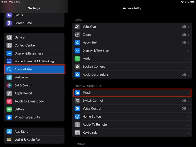 Snímek obrazovky Usnadnění a dotykového iPadu