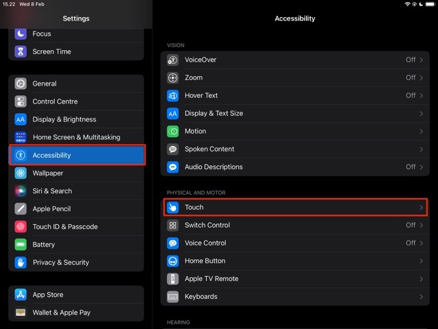 Captura de tela do iPad de acessibilidade e toque