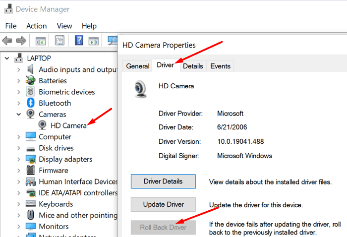 Derulați înapoi driverul camerei Windows 10