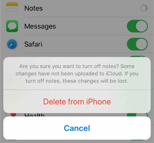 Figyelmeztetés, amely arra kéri, hogy törölje a jegyzeteket az iPhone-ról az iCloud-szinkronizálás kikapcsolása után