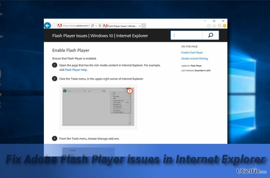 Gambar yang mengilustrasikan situs web Adobe Flash Player di IE11