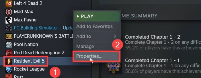 रेजिडेंट ईविल 5 पर राइट क्लिक करें और स्टीम लाइब्रेरी में गुण चुनें
