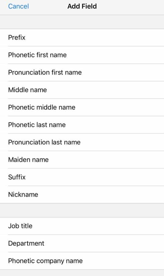 Optionen zum Hinzufügen von Feldern in der Kontakt-App iOS