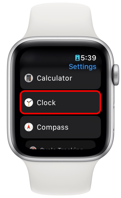 빨간색 원으로 표시된 시계가 있는 Apple Watch 설정