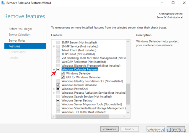 Supprimer la fonctionnalité Windows Defender Server 2016