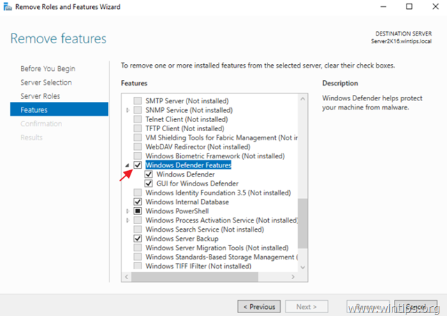 Καταργήστε τη δυνατότητα Windows Defender Server 2016