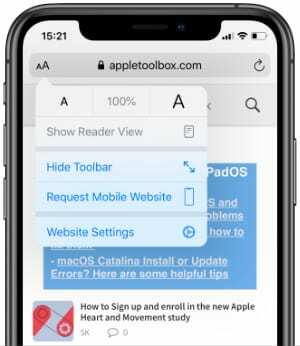 Site da AppleToolBox carregado no Safari em um iPhone com configurações do site